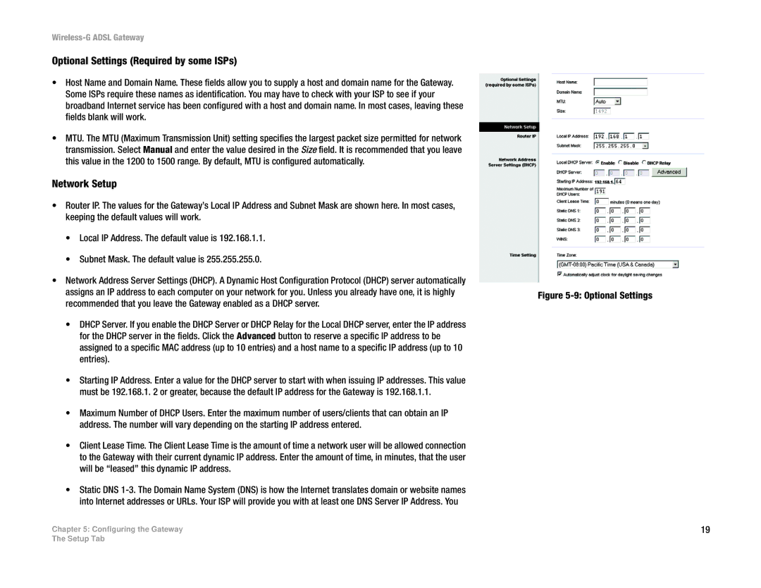 Linksys WAG54G manual Optional Settings Required by some ISPs, Network Setup 