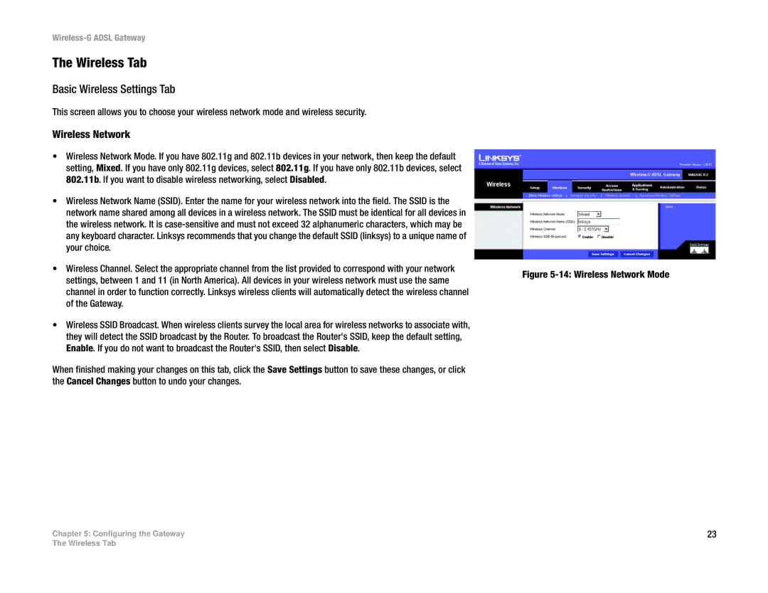 Linksys WAG54G manual Wireless Tab, Basic Wireless Settings Tab, Wireless Network 