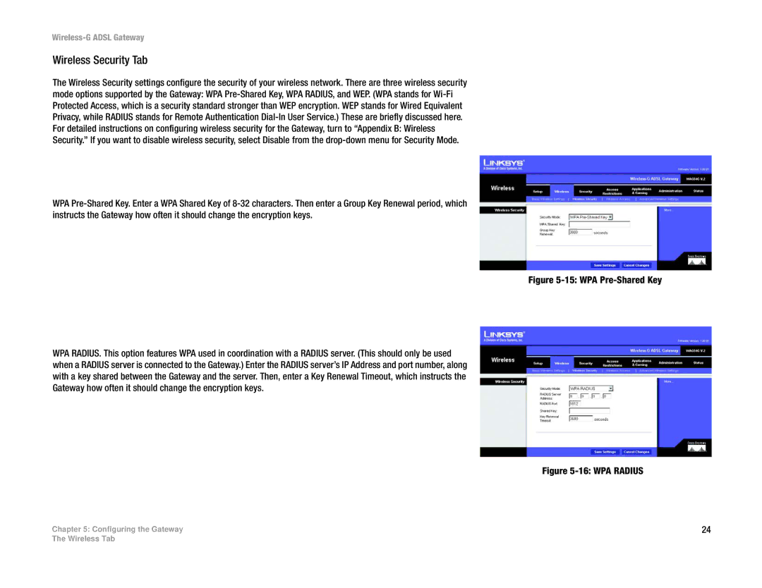 Linksys WAG54G manual Wireless Security Tab, WPA Pre-Shared Key 