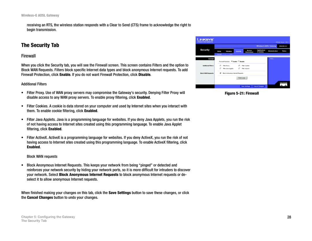 Linksys WAG54G manual Security Tab, Firewall, Additional Filters 