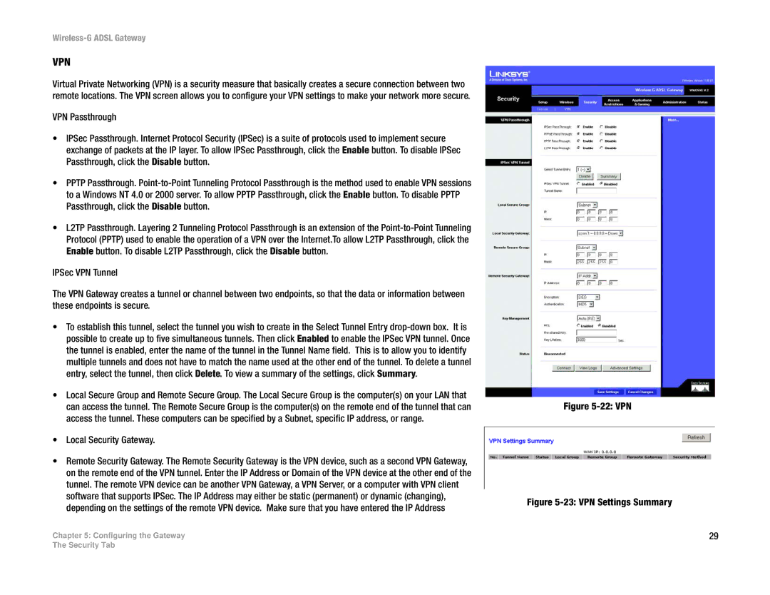 Linksys WAG54G manual Local Security Gateway, 22 VPN 