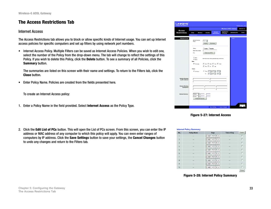 Linksys WAG54G manual Access Restrictions Tab, Internet Access 
