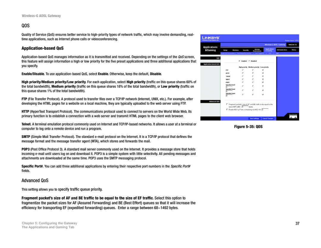 Linksys WAG54G manual Advanced QoS, Application-based QoS, This setting allows you to specify traffic queue priority 