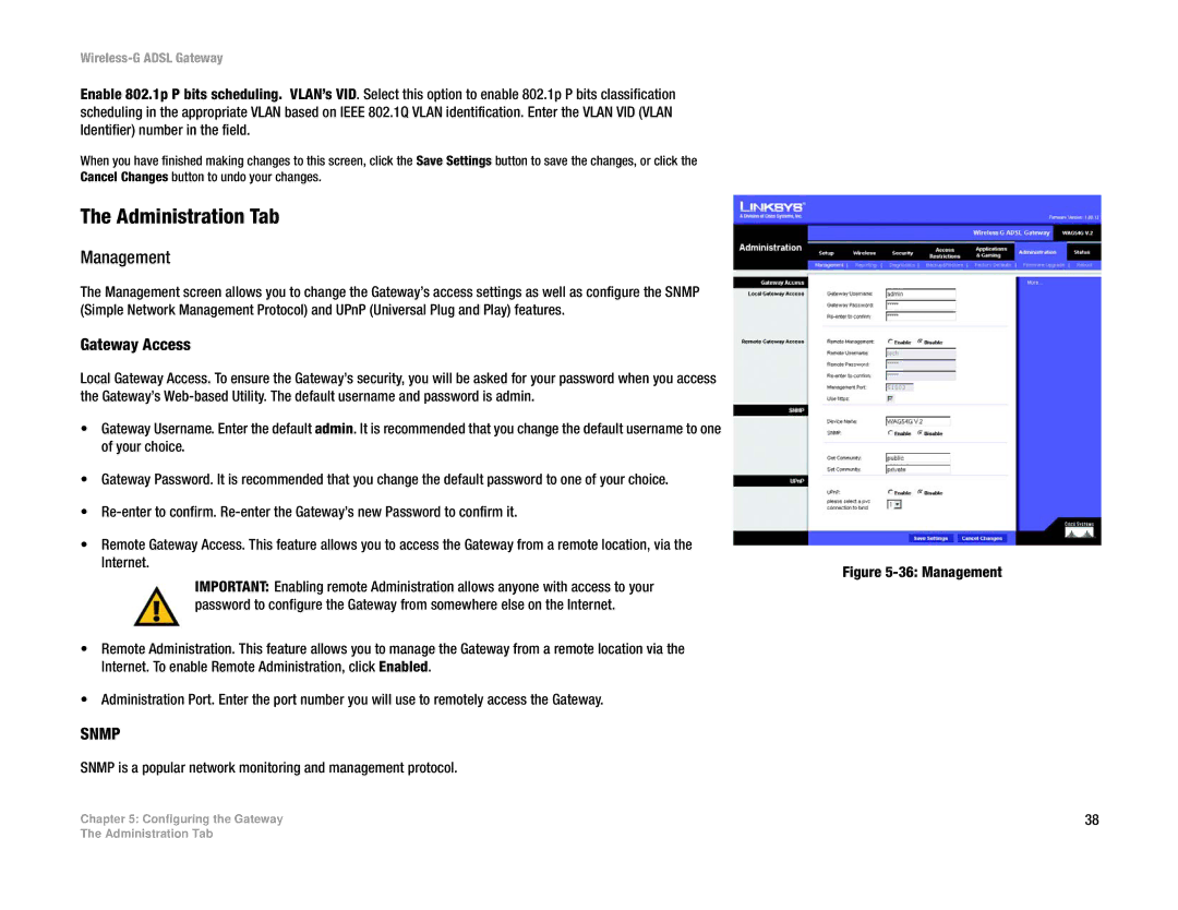 Linksys WAG54G manual Administration Tab, Management, Gateway Access 