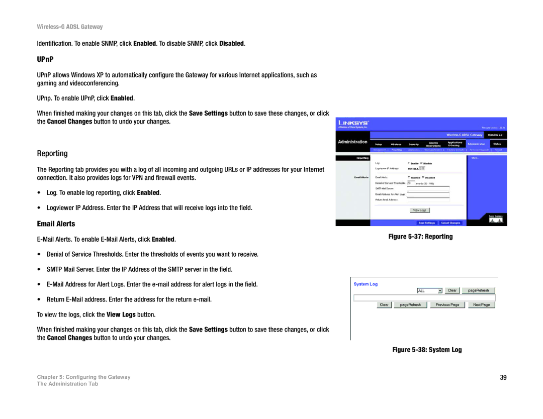 Linksys WAG54G manual Reporting, UPnP, Email Alerts 