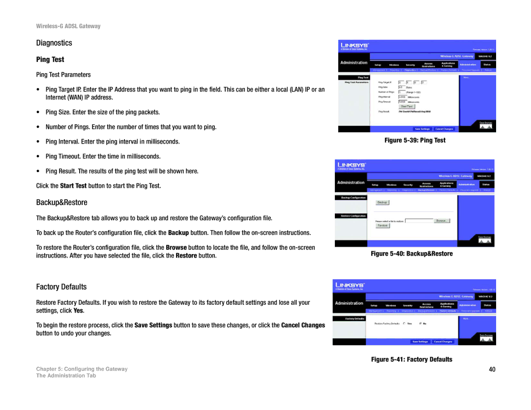 Linksys WAG54G manual Diagnostics, Backup&Restore, Factory Defaults, Ping Test 