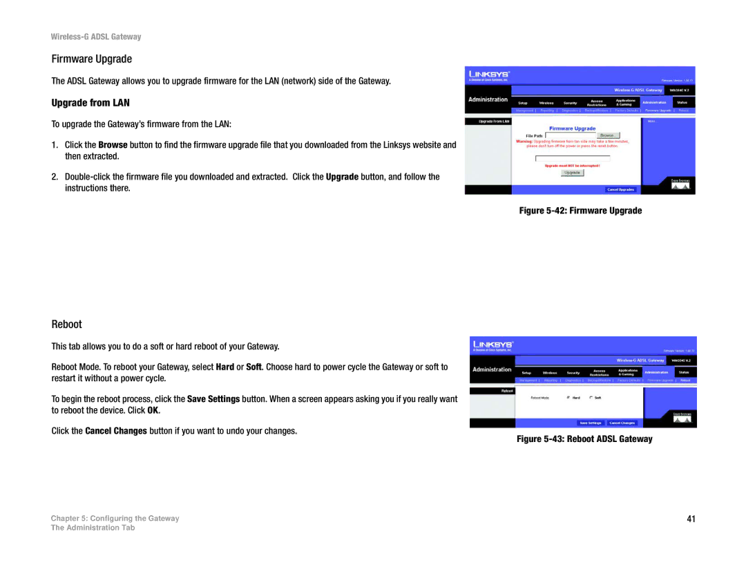 Linksys WAG54G manual Firmware Upgrade, Reboot, Upgrade from LAN 