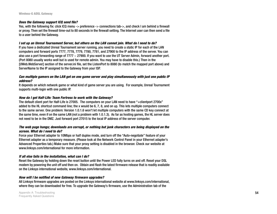 Linksys WAG54G manual Does the Gateway support ICQ send file? 