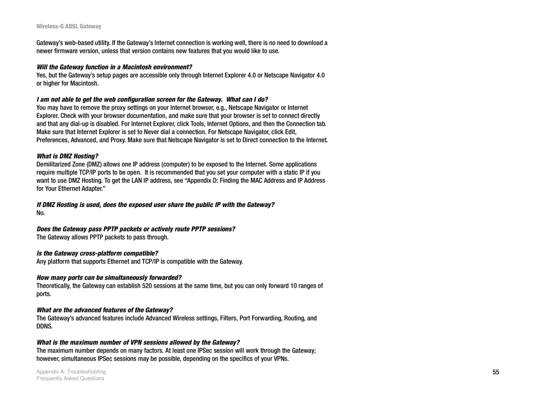 Linksys WAG54G manual Will the Gateway function in a Macintosh environment?, What is DMZ Hosting? 