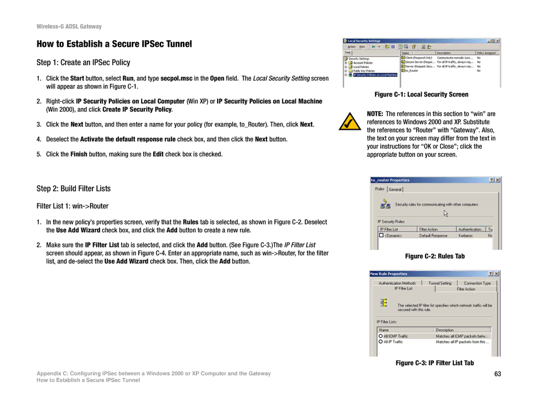 Linksys WAG54G manual How to Establish a Secure IPSec Tunnel, Create an IPSec Policy, Build Filter Lists 