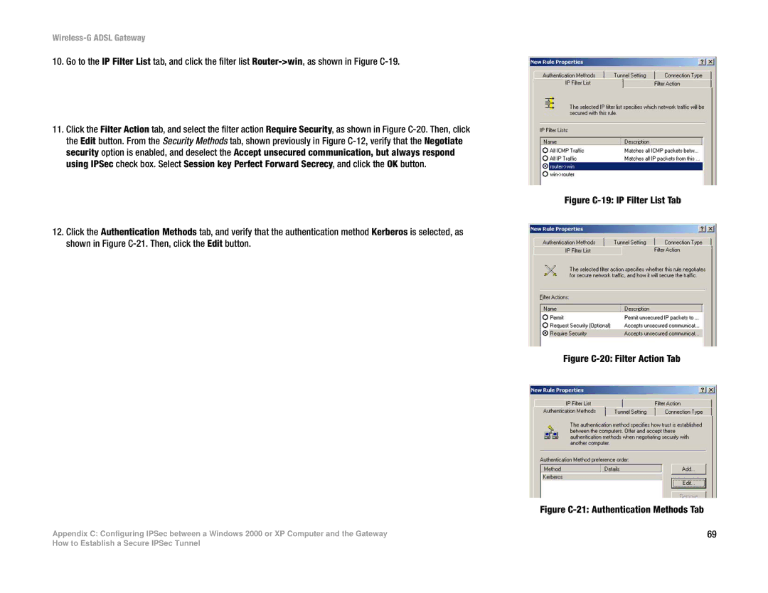 Linksys WAG54G manual Figure C-19 IP Filter List Tab 