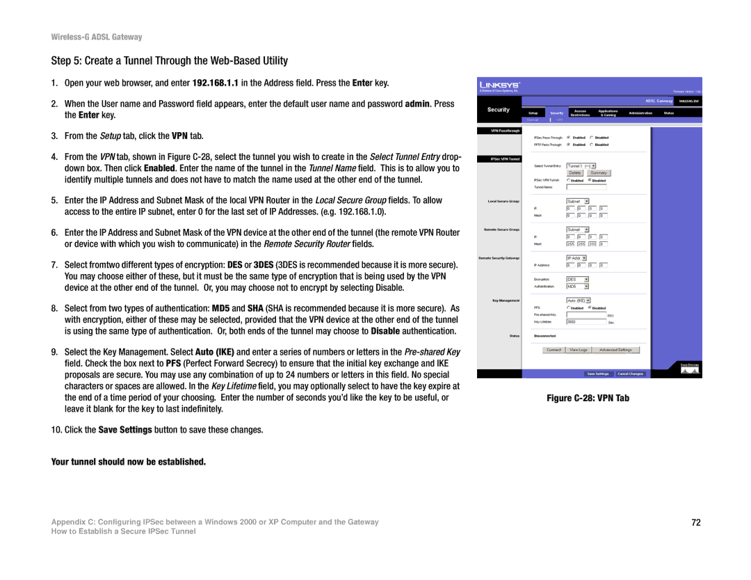 Linksys WAG54G manual Create a Tunnel Through the Web-Based Utility, Figure C-28 VPN Tab 