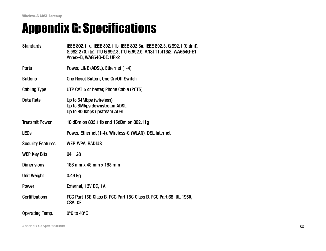 Linksys manual Appendix G Specifications, Standards, Annex-B, WAG54G-DE UR-2, Operating Temp 0ºC to 40ºC 