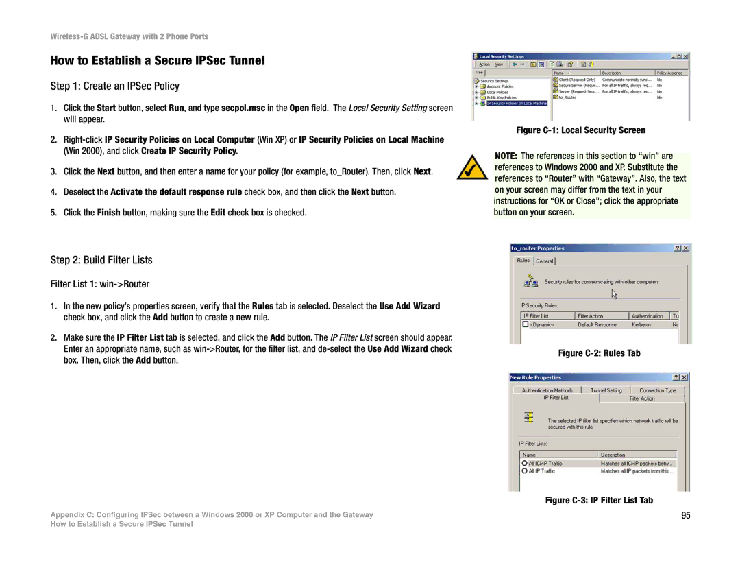 Linksys WAG54GP2 manual How to Establish a Secure IPSec Tunnel, Create an IPSec Policy, Build Filter Lists 