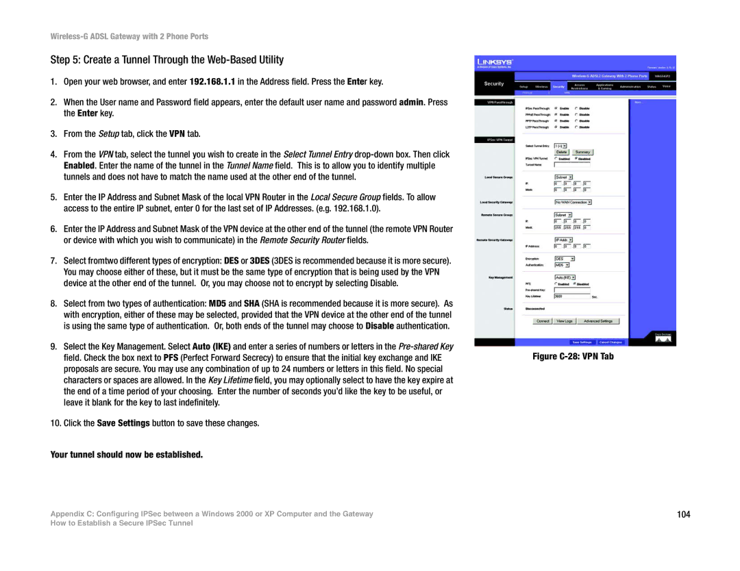 Linksys WAG54GP2 manual Create a Tunnel Through the Web-Based Utility, Figure C-28 VPN Tab 104 
