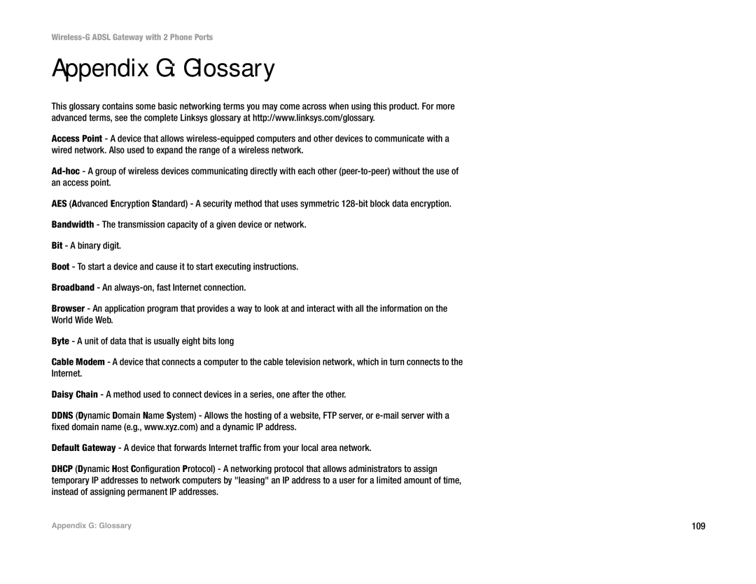 Linksys WAG54GP2 manual Appendix G Glossary, 109 