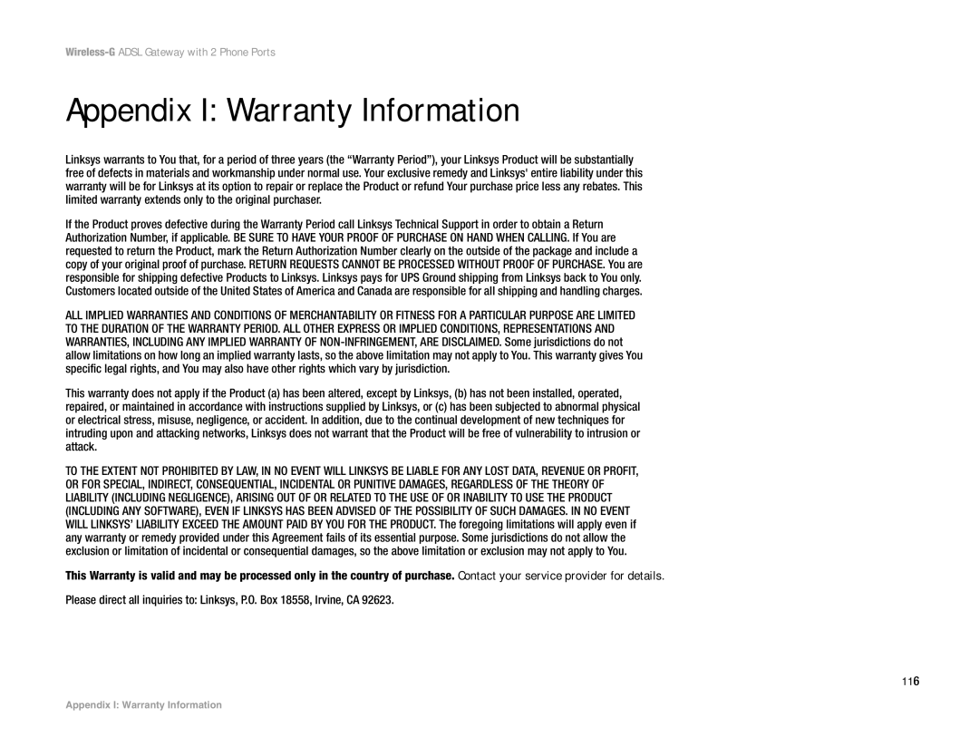 Linksys WAG54GP2 manual Appendix I Warranty Information 