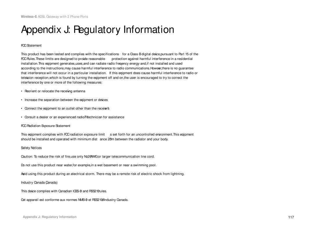 Linksys WAG54GP2 manual Appendix J Regulatory Information, FCC Statement, 117 