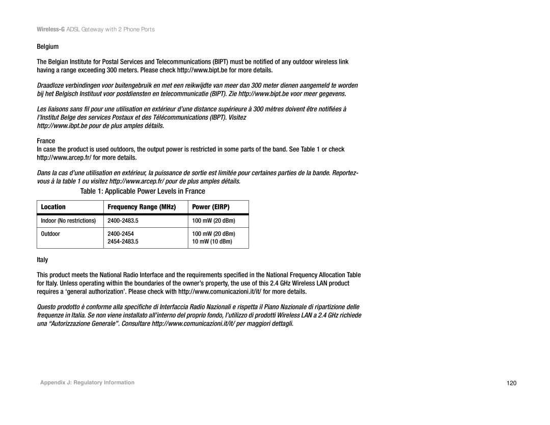 Linksys WAG54GP2 manual Applicable Power Levels in France, 120 