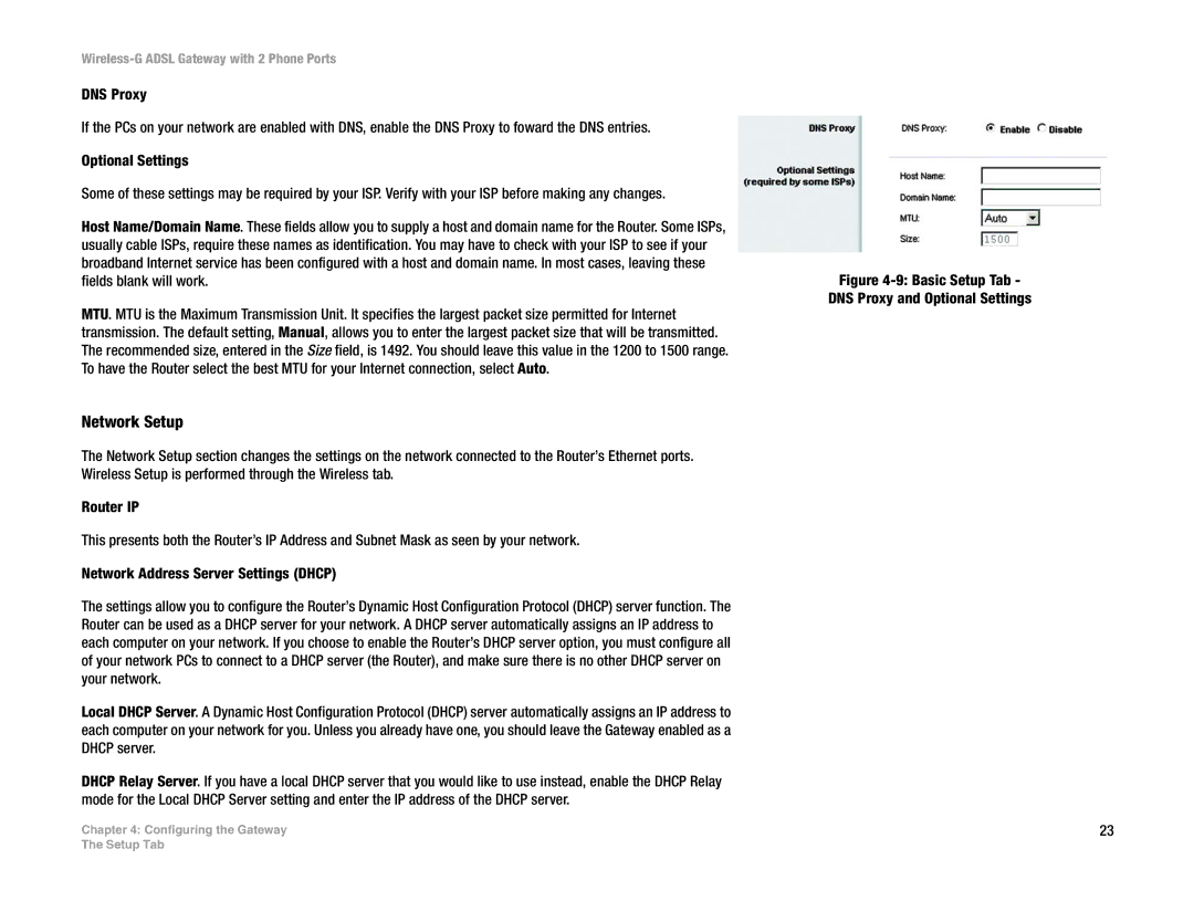 Linksys WAG54GP2 manual Network Setup, Basic Setup Tab DNS Proxy and Optional Settings 