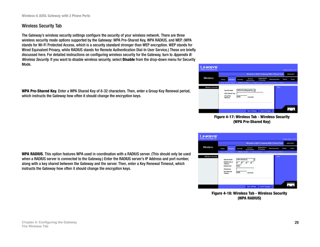 Linksys WAG54GP2 manual Wireless Security Tab, Wireless Tab Wireless Security WPA Pre-Shared Key 