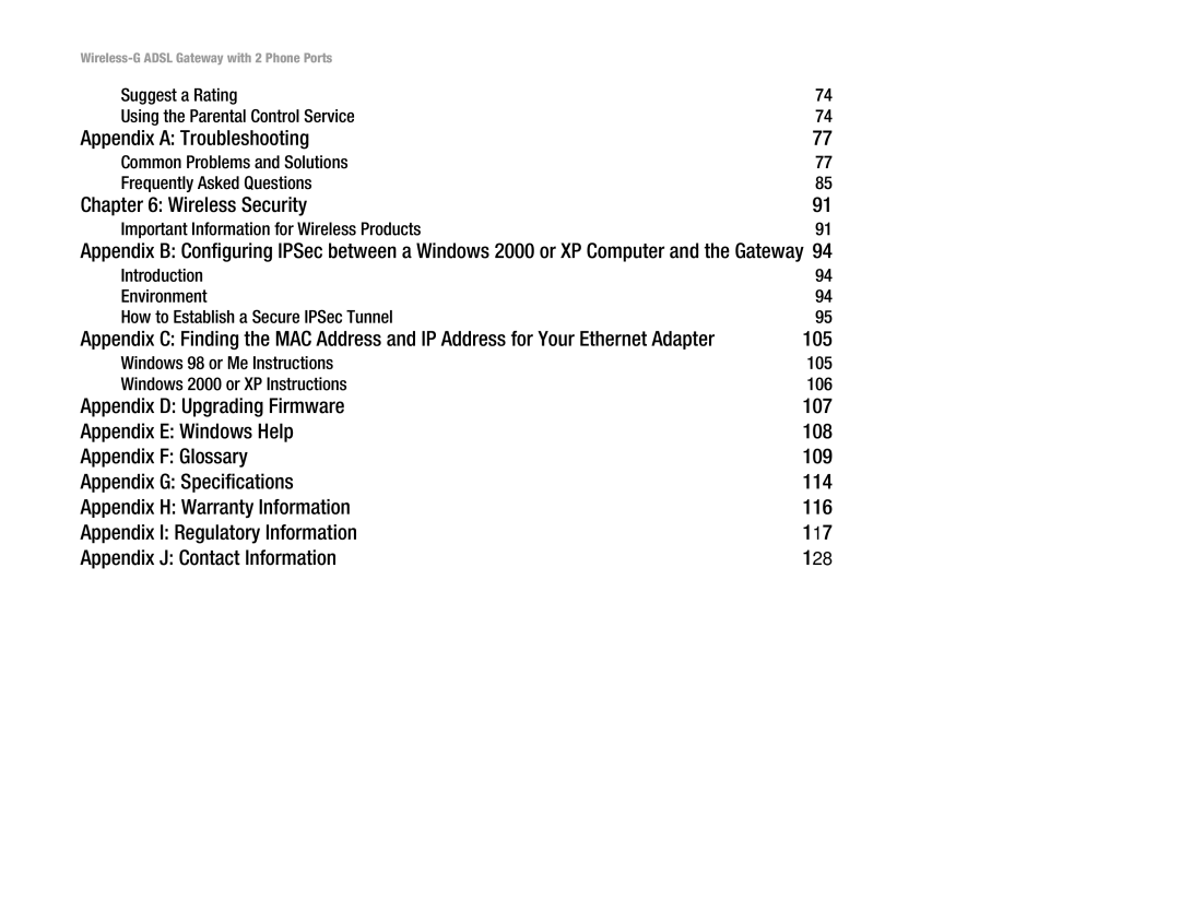 Linksys WAG54GP2 manual Appendix a Troubleshooting, Wireless Security, 105 