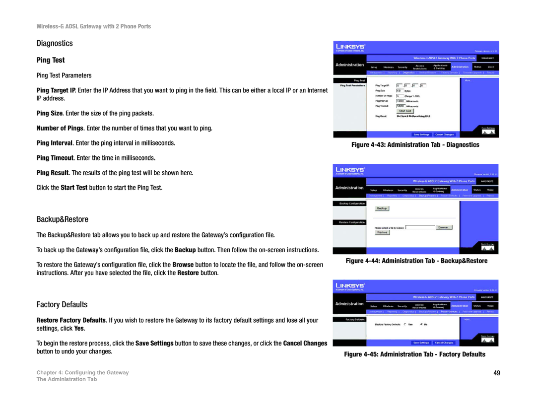 Linksys WAG54GP2 manual Diagnostics, Backup&Restore, Factory Defaults, Ping Test 