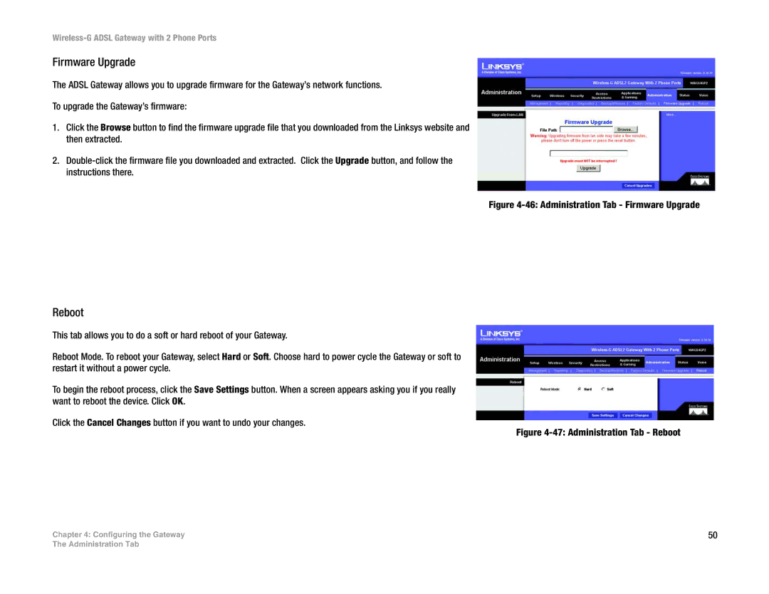 Linksys WAG54GP2 manual Firmware Upgrade, Reboot 