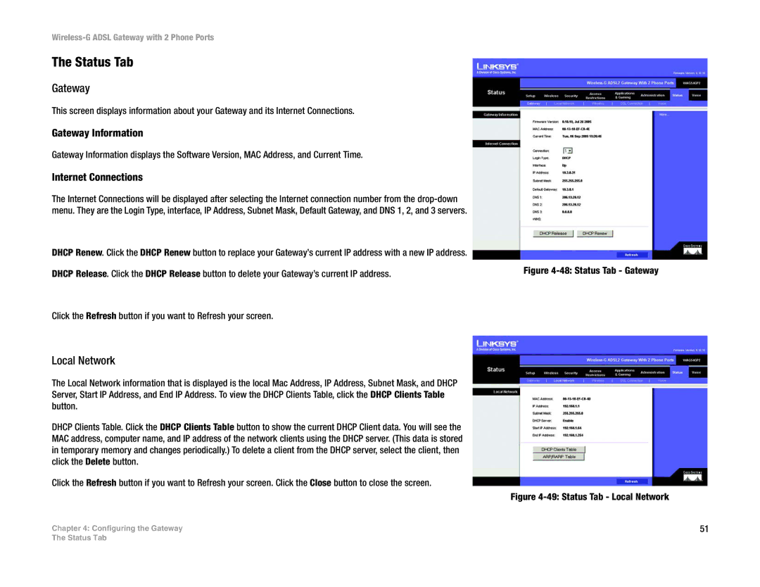 Linksys WAG54GP2 manual Status Tab, Local Network, Gateway Information, Internet Connections 