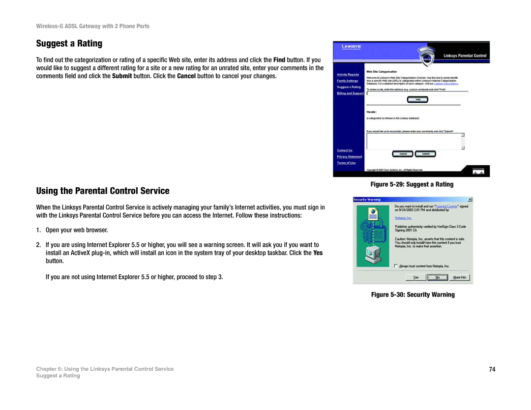 Linksys WAG54GP2 manual Suggest a Rating, Using the Parental Control Service 