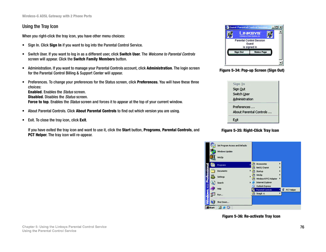 Linksys WAG54GP2 manual Using the Tray Icon, Pop-up Screen Sign Out 