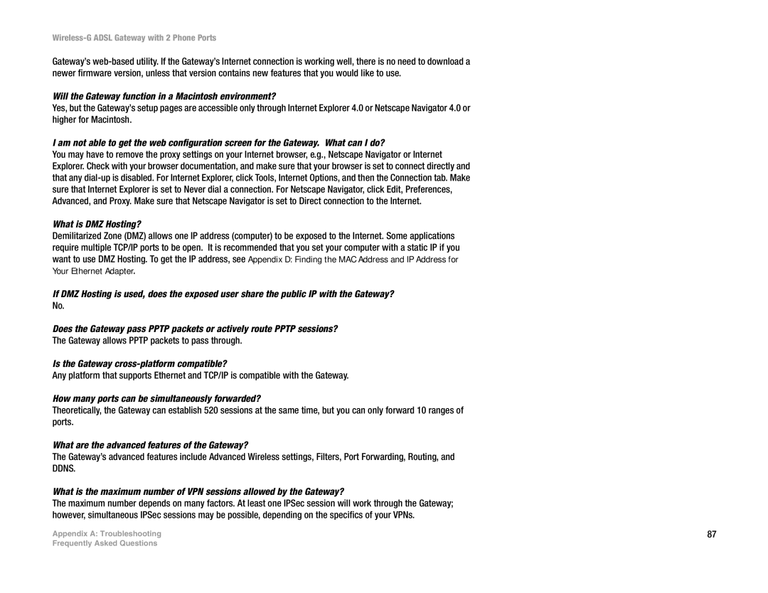 Linksys WAG54GP2 manual Will the Gateway function in a Macintosh environment?, What is DMZ Hosting? 