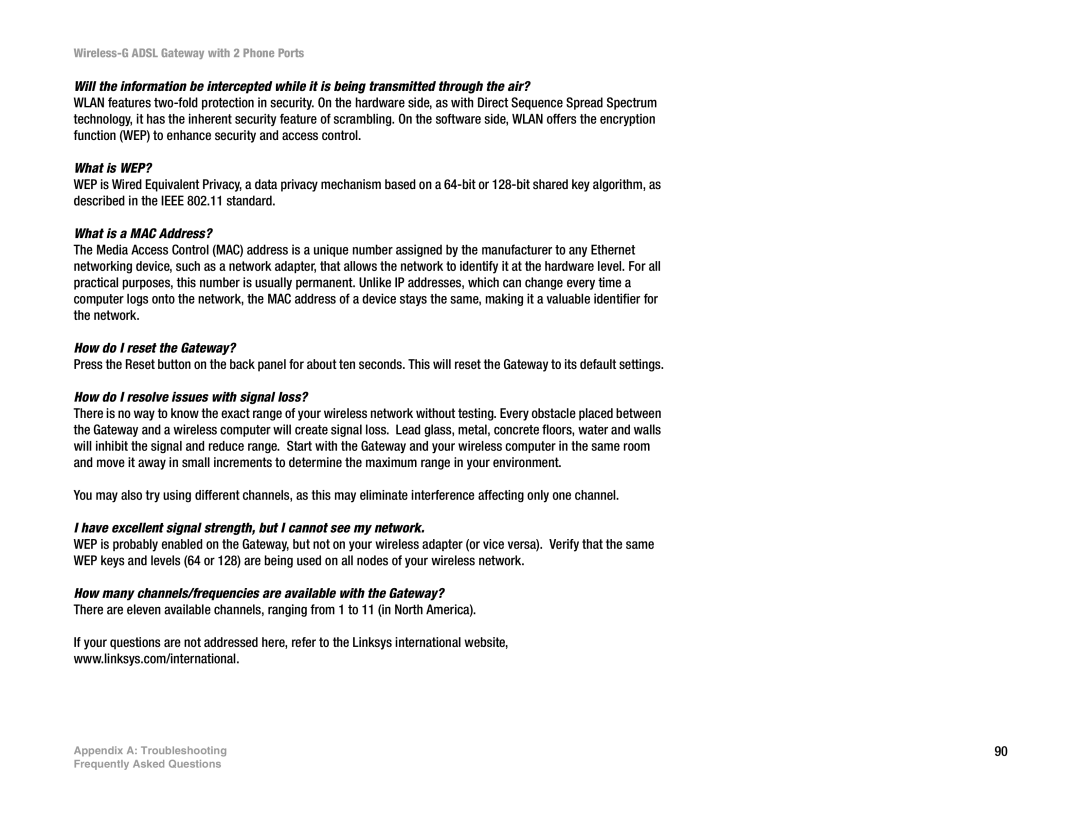 Linksys WAG54GP2 manual What is WEP?, What is a MAC Address?, How do I reset the Gateway? 