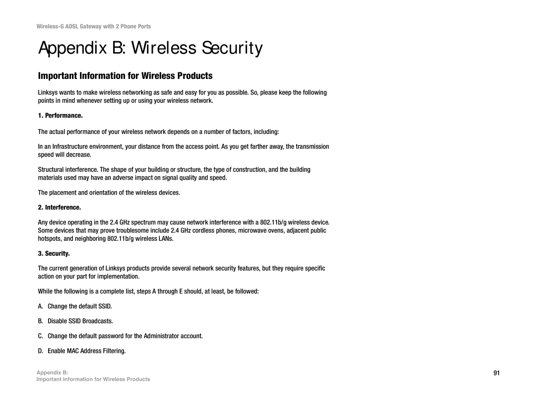 Linksys WAG54GP2 manual Appendix B Wireless Security, Important Information for Wireless Products 