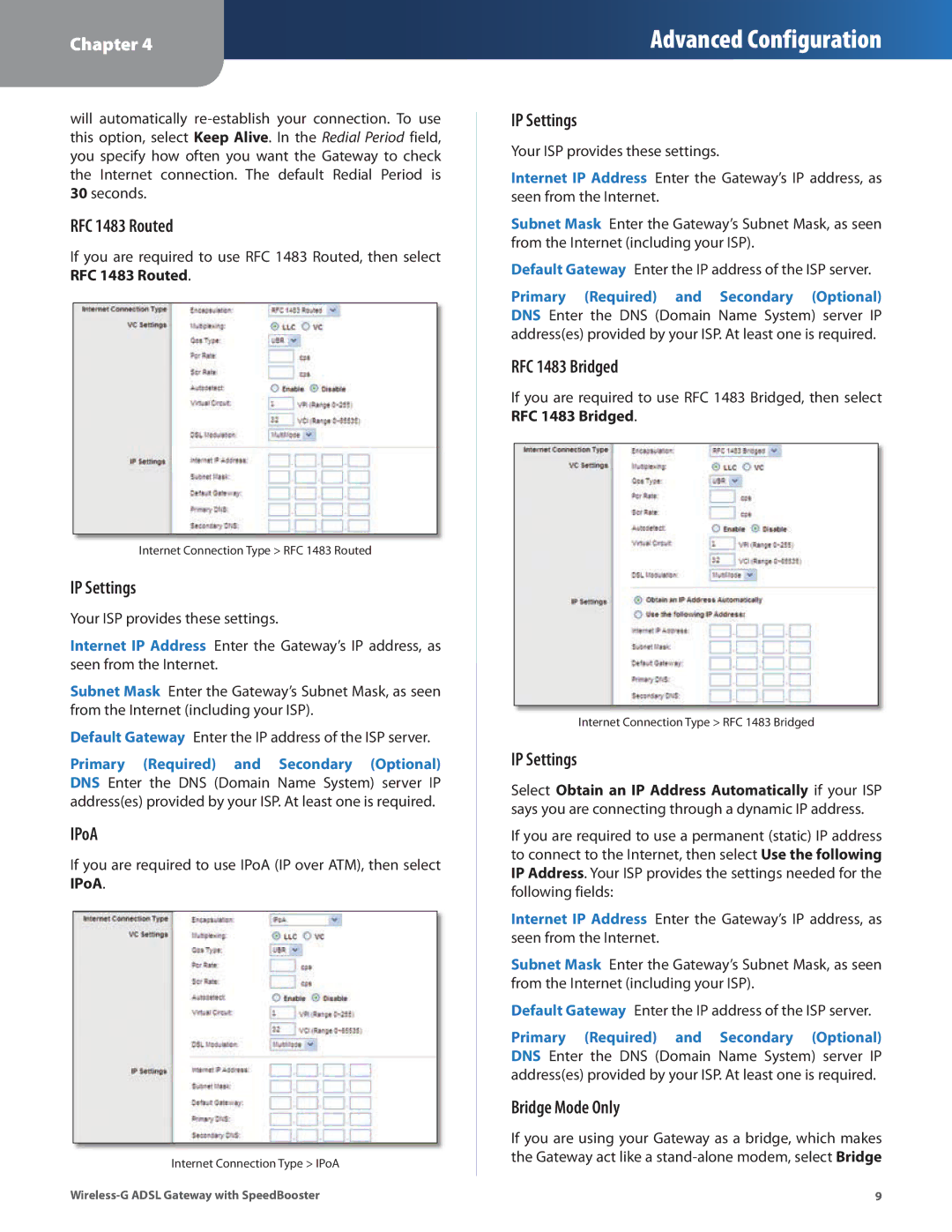 Linksys WAG54GS manual RFC 1483 Routed, IP Settings, IPoA, RFC 1483 Bridged, Bridge Mode Only 