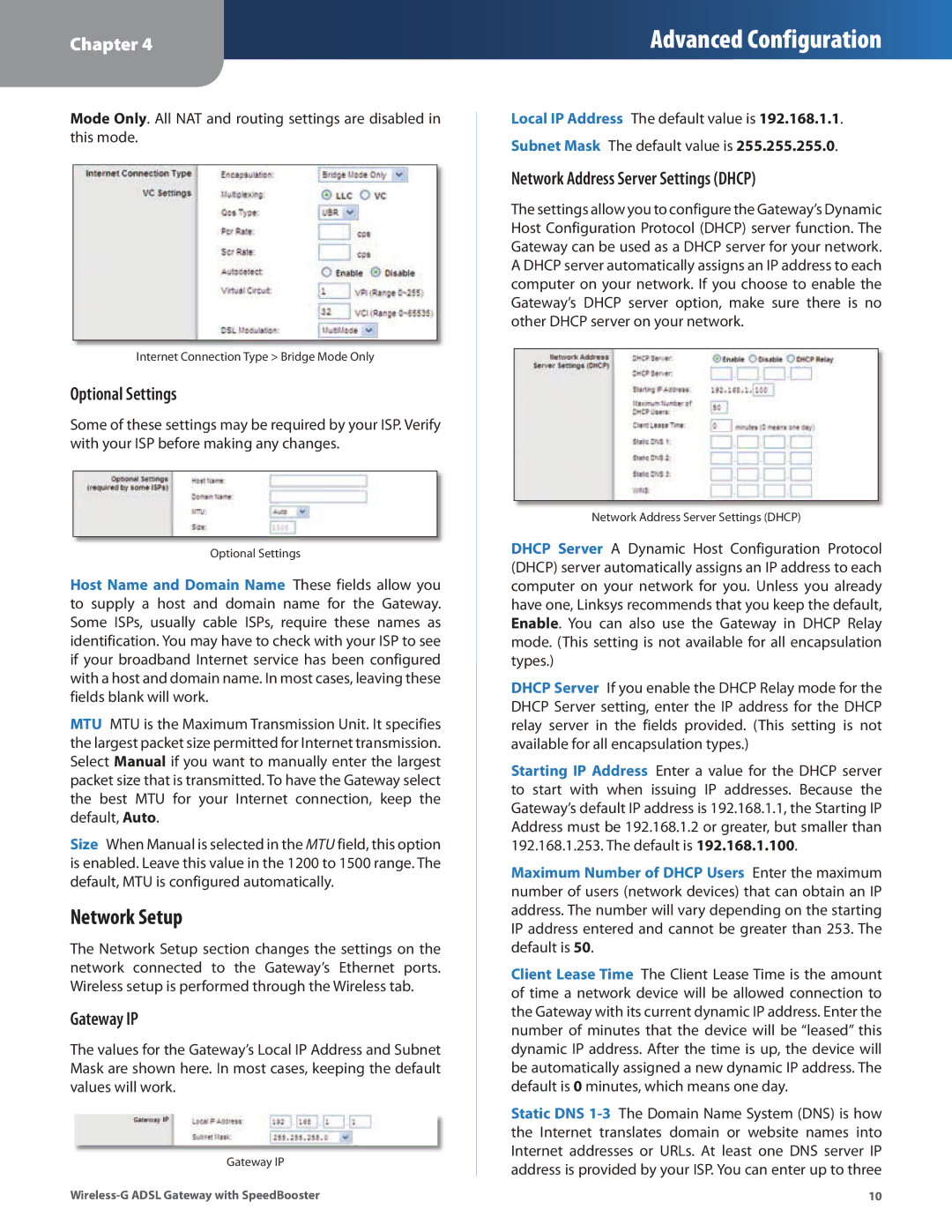 Linksys WAG54GS manual Network Setup, Optional Settings, Gateway IP, Network Address Server Settings Dhcp 