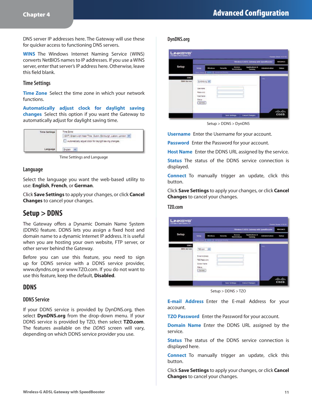 Linksys WAG54GS manual Setup Ddns, Time Settings, Language, Ddns Service 