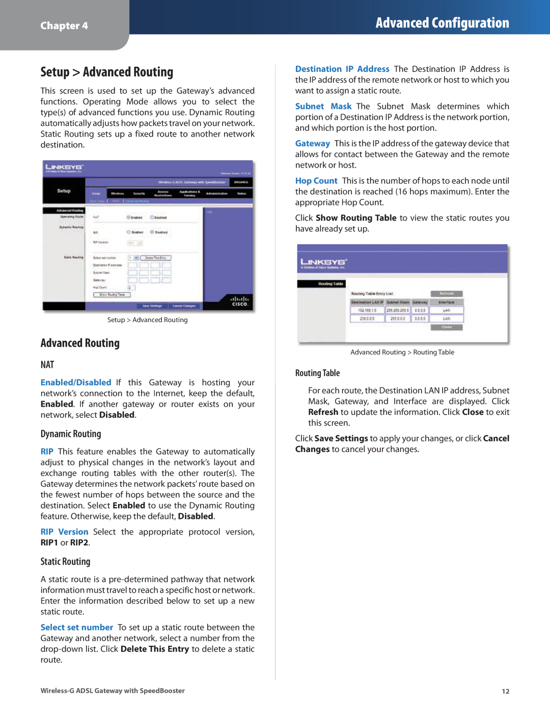 Linksys WAG54GS manual Setup Advanced Routing, Dynamic Routing, Static Routing 