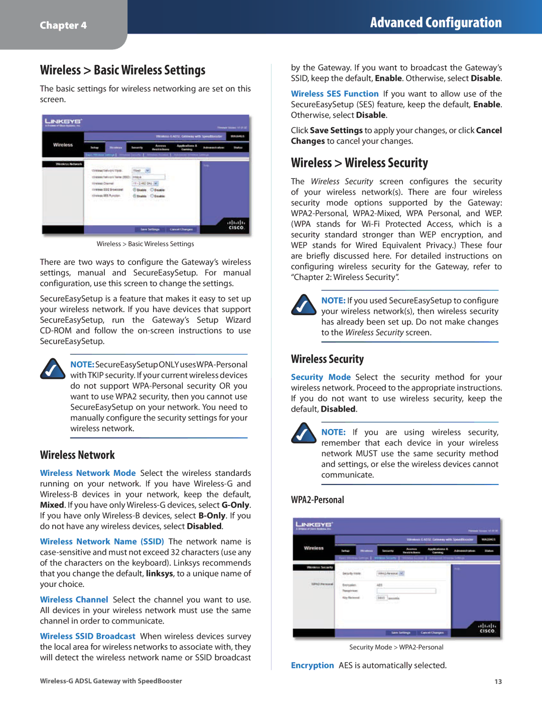 Linksys WAG54GS manual Wireless Basic Wireless Settings, Wireless Wireless Security, Wireless Network, WPA2-Personal 