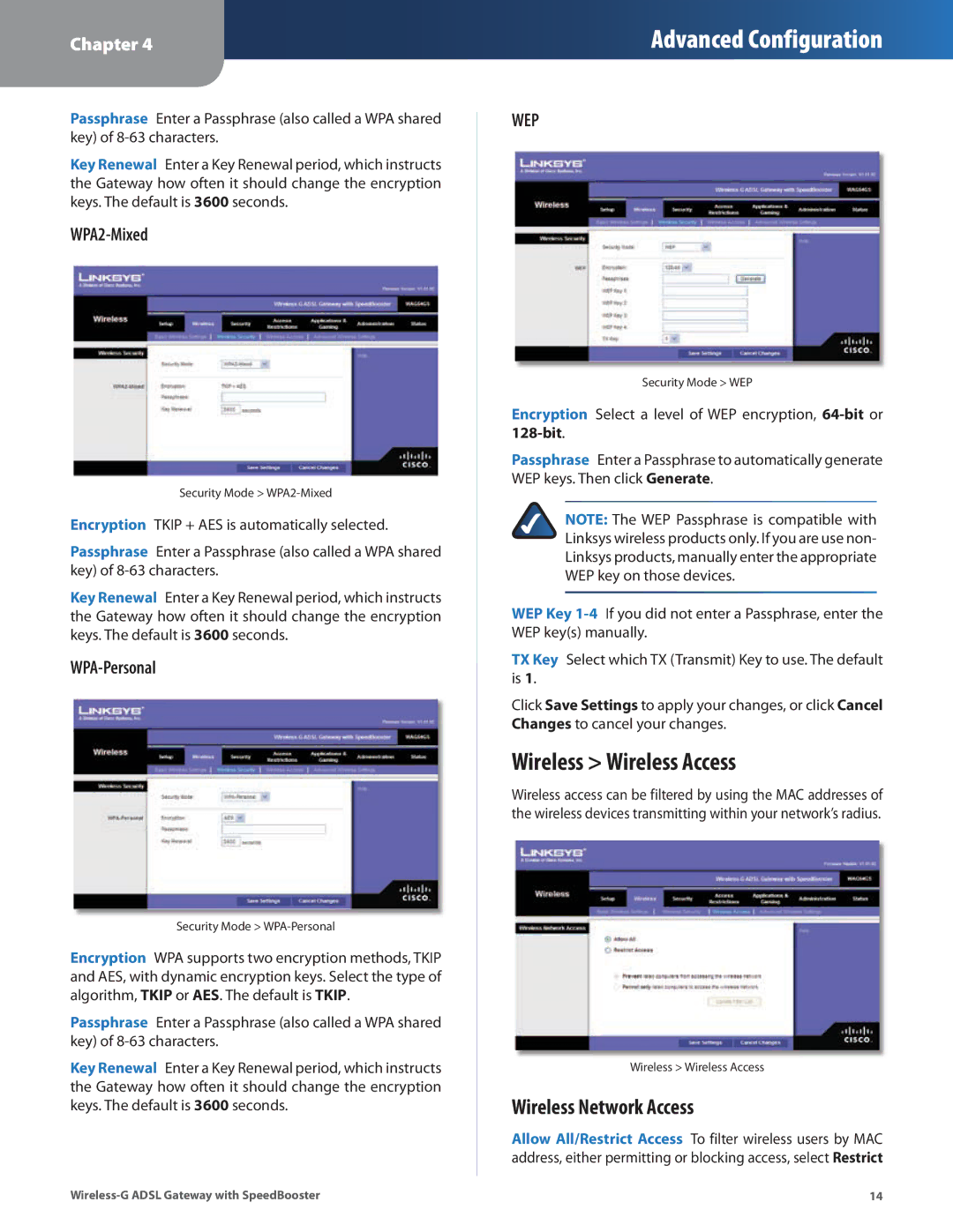 Linksys WAG54GS manual Wireless Wireless Access, Wireless Network Access, WPA2-Mixed, WPA-Personal 