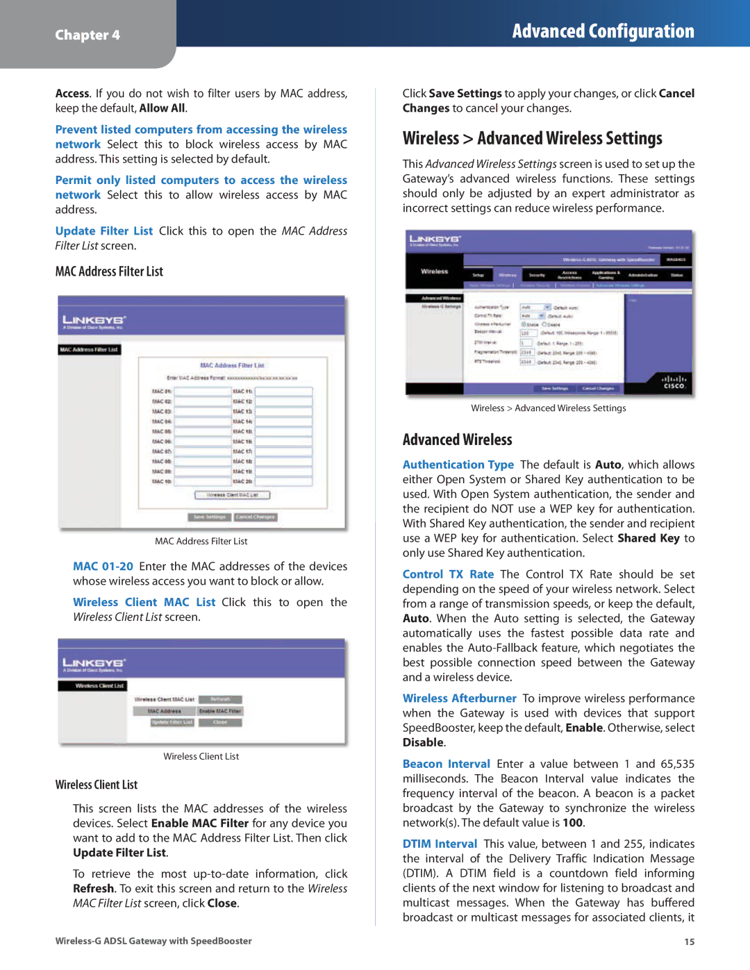 Linksys WAG54GS manual Advanced Wireless, MAC Address Filter List 