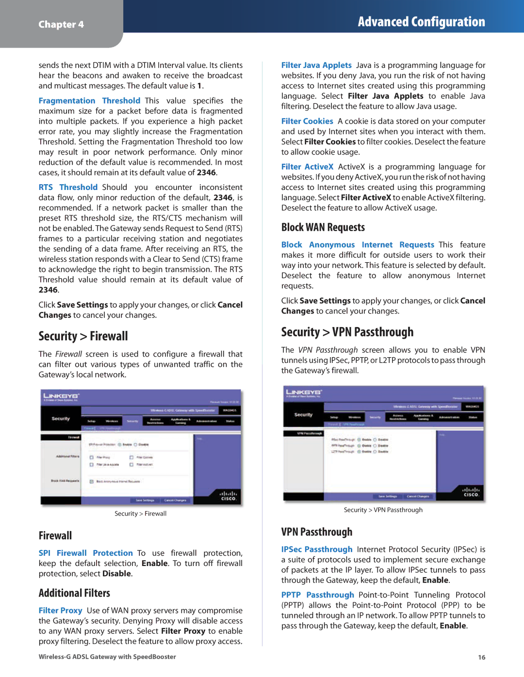 Linksys WAG54GS manual Security Firewall, Security VPN Passthrough 