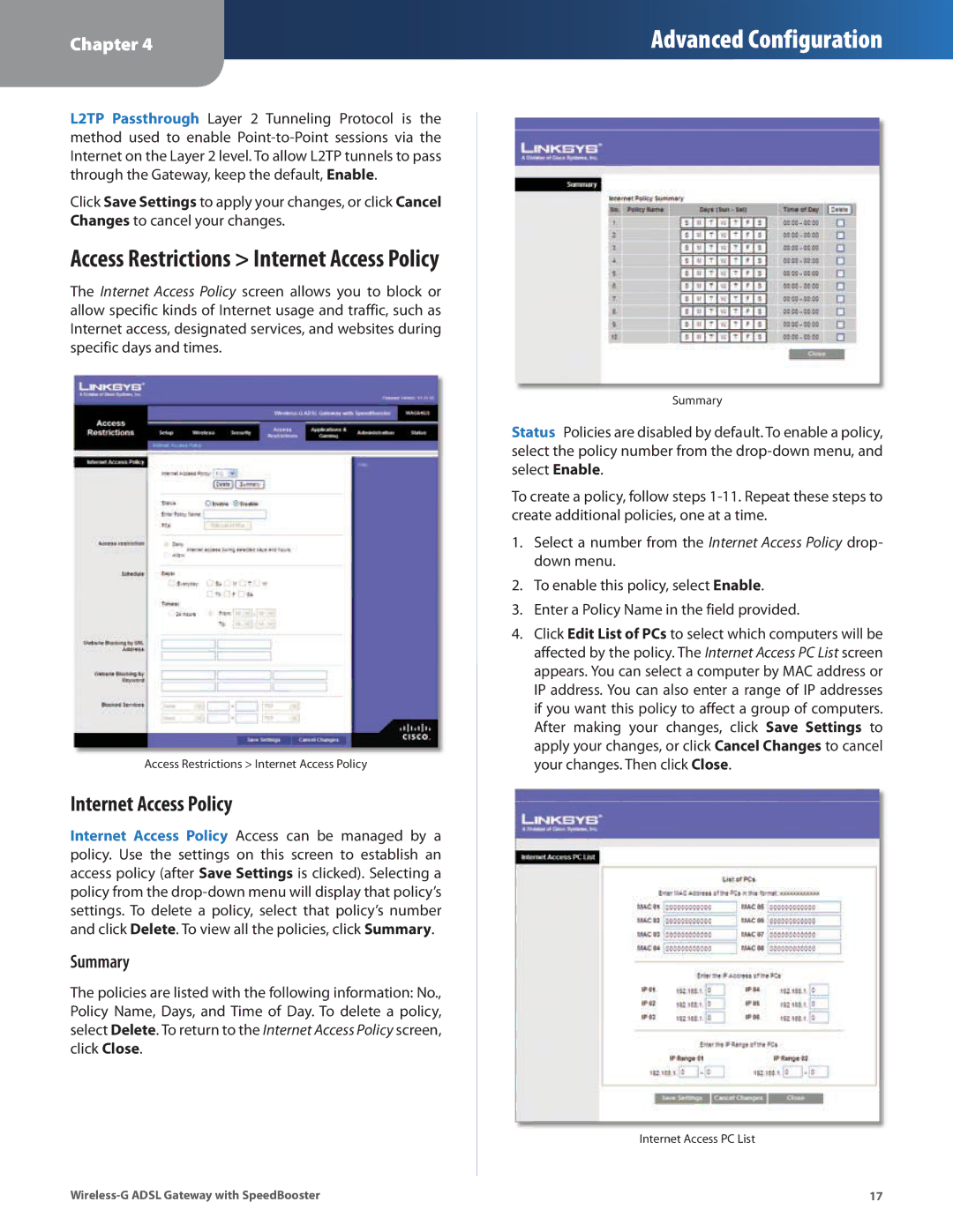 Linksys WAG54GS manual Internet Access Policy, Summary 