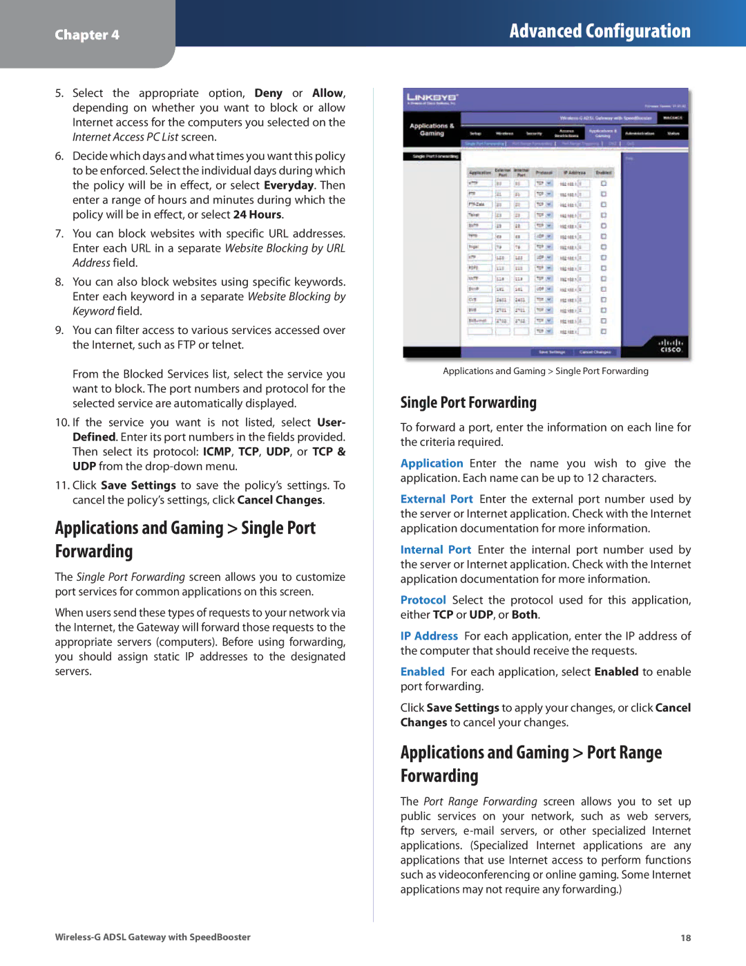 Linksys WAG54GS manual Applications and Gaming Single Port Forwarding, Applications and Gaming Port Range Forwarding 