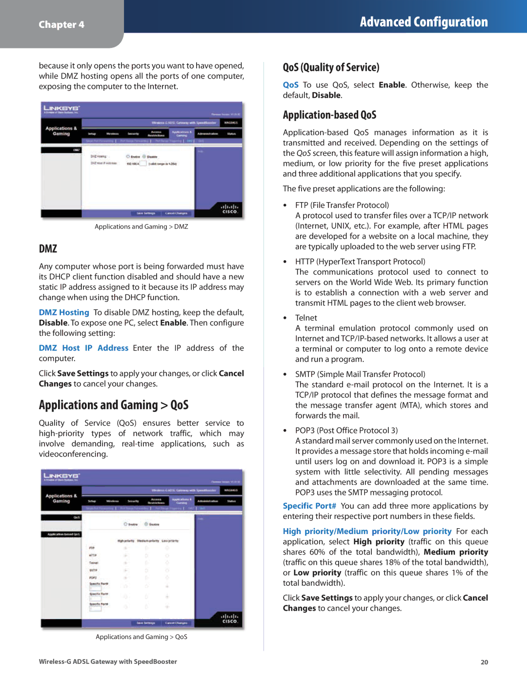 Linksys WAG54GS manual Applications and Gaming QoS, QoS Quality of Service, Application-based QoS 