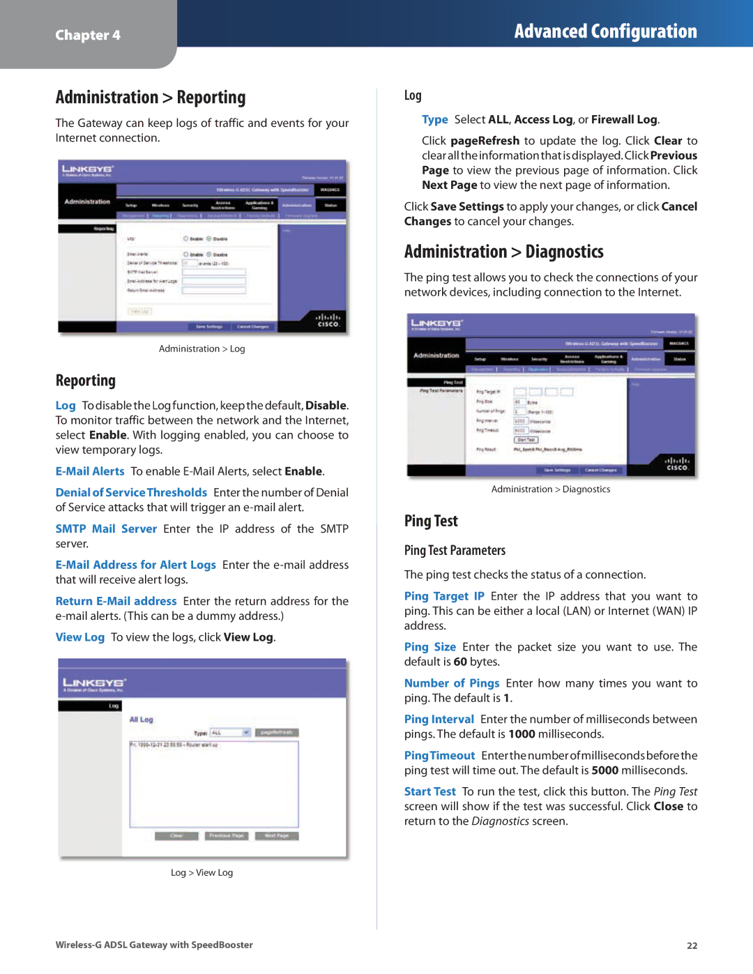 Linksys WAG54GS manual Administration Reporting, Administration Diagnostics, Ping Test 