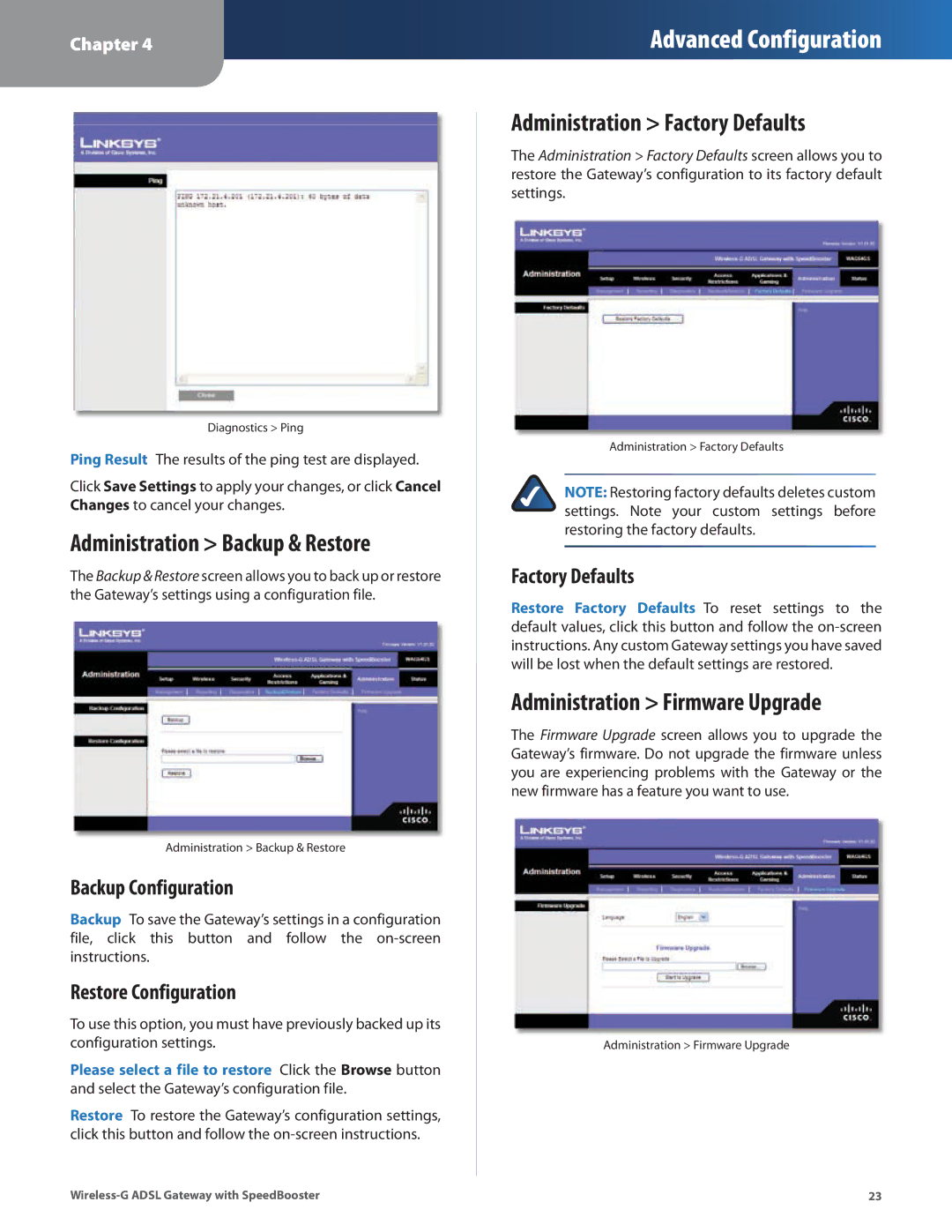 Linksys WAG54GS manual Administration Backup & Restore, Administration Factory Defaults, Administration Firmware Upgrade 