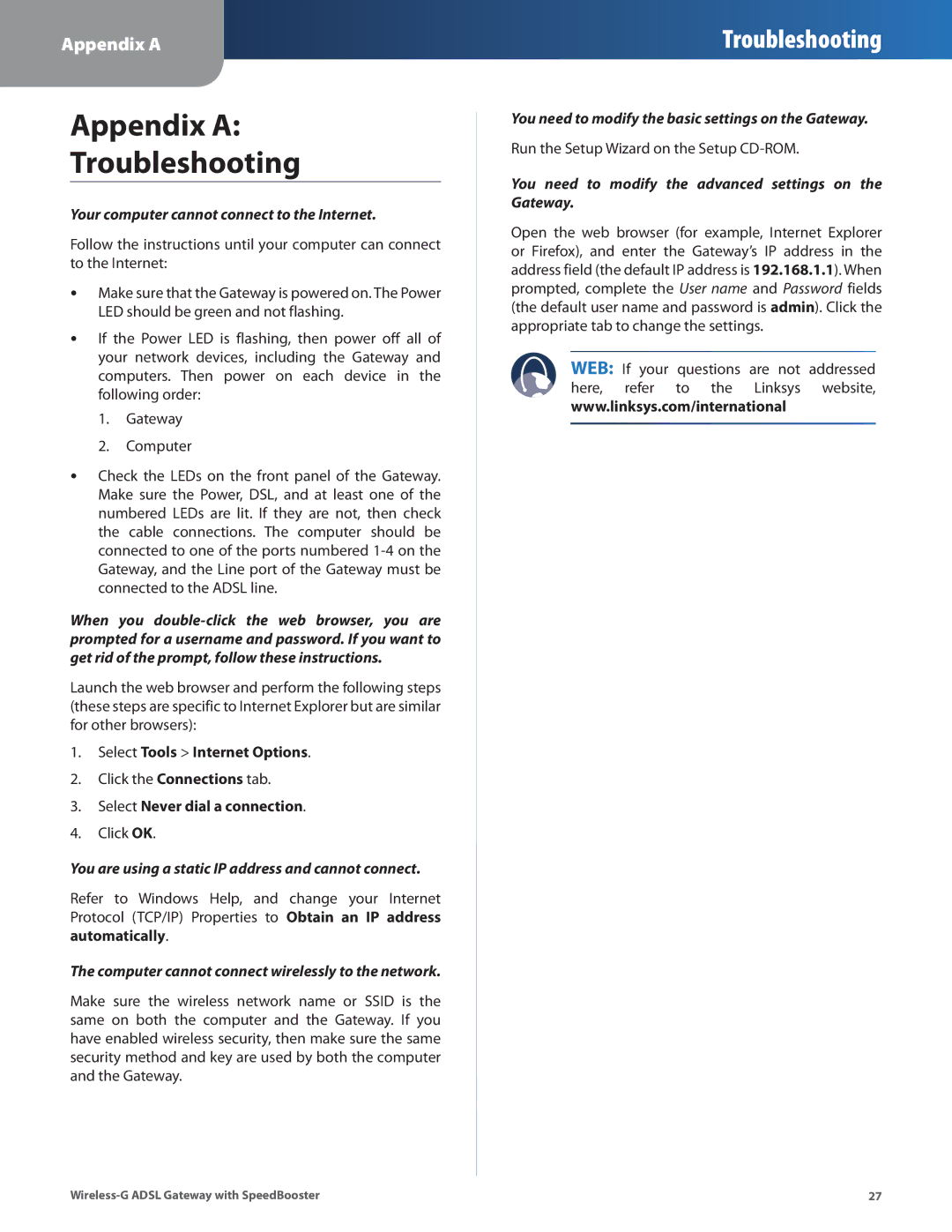 Linksys WAG54GS manual Appendix a Troubleshooting, Your computer cannot connect to the Internet 