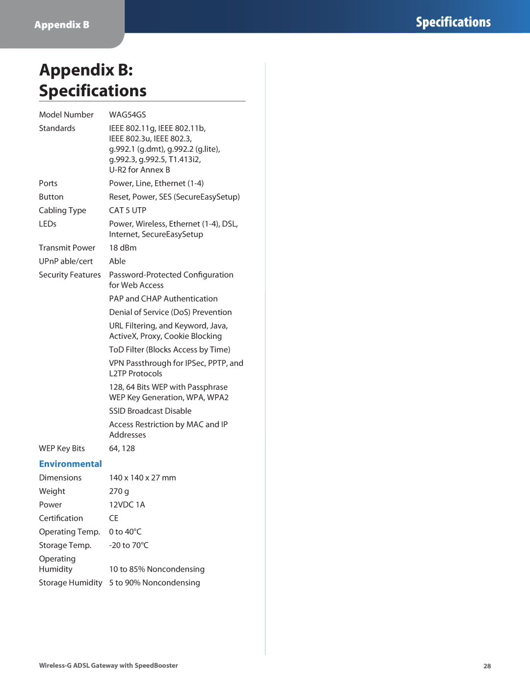 Linksys WAG54GS manual Appendix B Specifications 