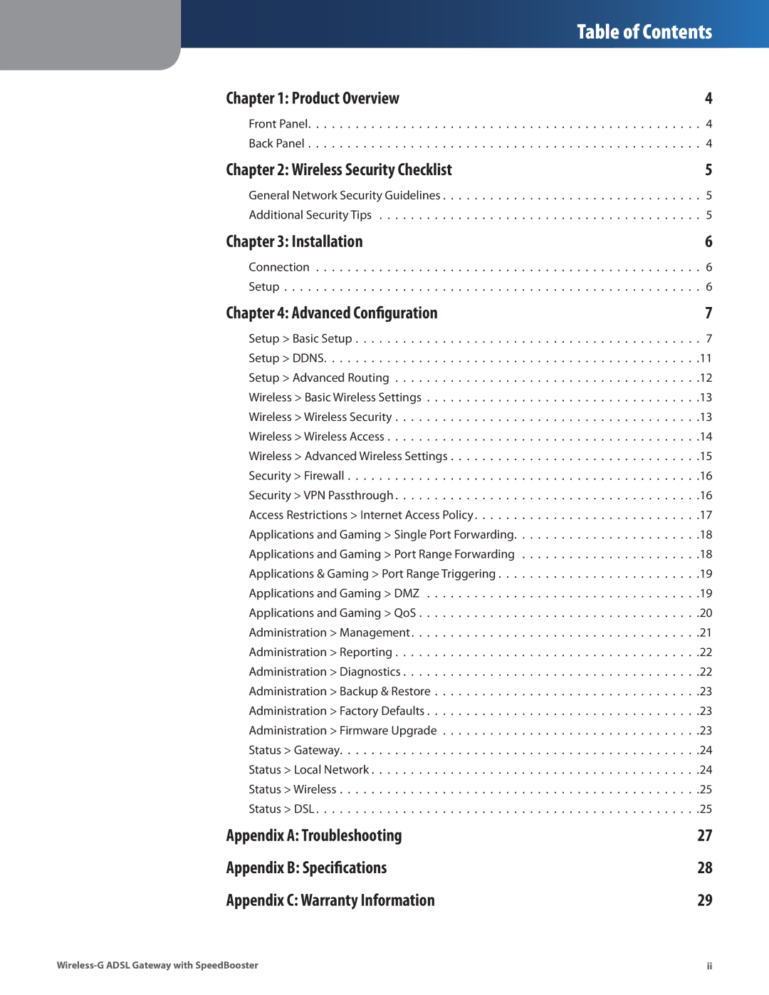 Linksys WAG54GS manual Table of Contents 